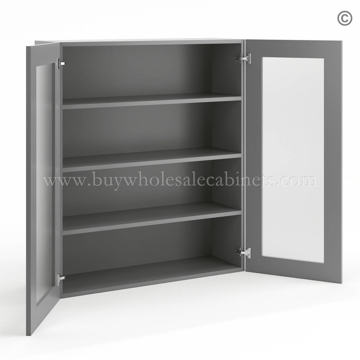Frameless Graphite Gray Wall Mullion Door 42″H – 2 Door 3 Shelves – Glass And Clips Not Included.