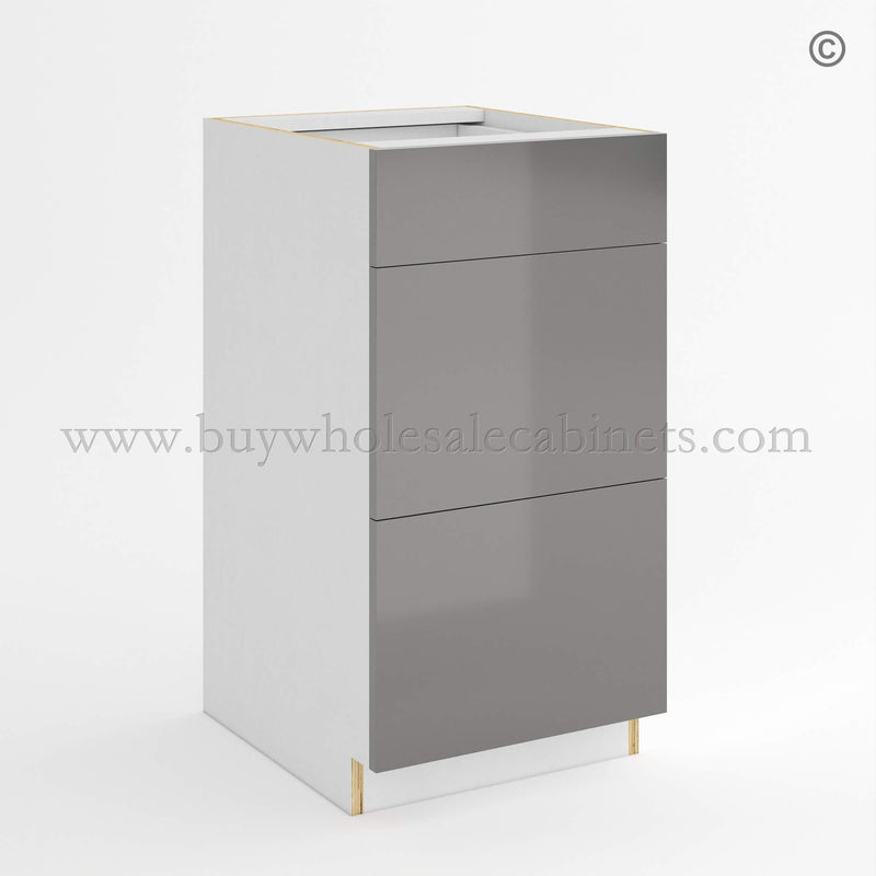 Frameless Gloss Gray Three Drawer Base Vanity Cabinet