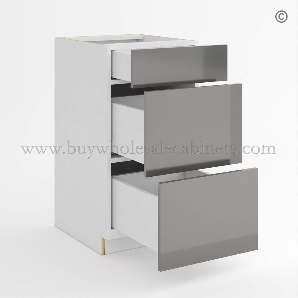Frameless Gloss Gray Three Drawer Base Vanity Cabinet