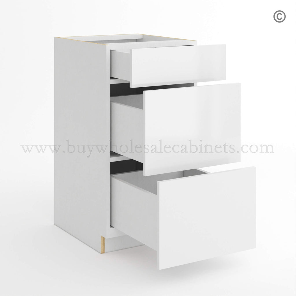 Frameless Gloss White Three Drawer Base Vanity Cabinet