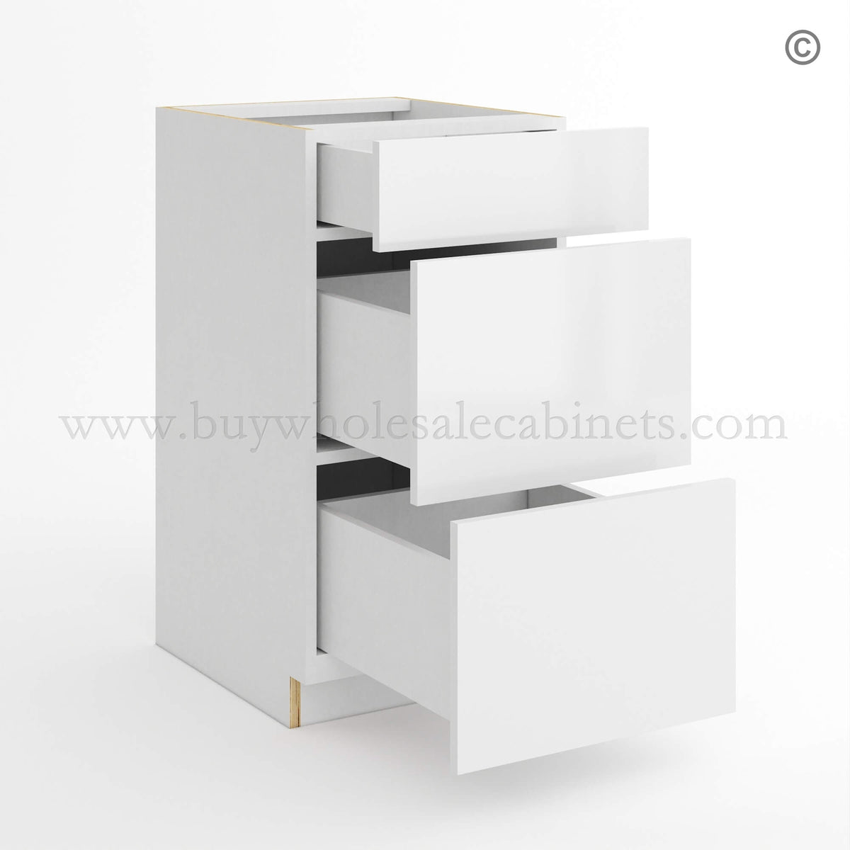 Frameless Gloss White Three Drawer Base Vanity Cabinet