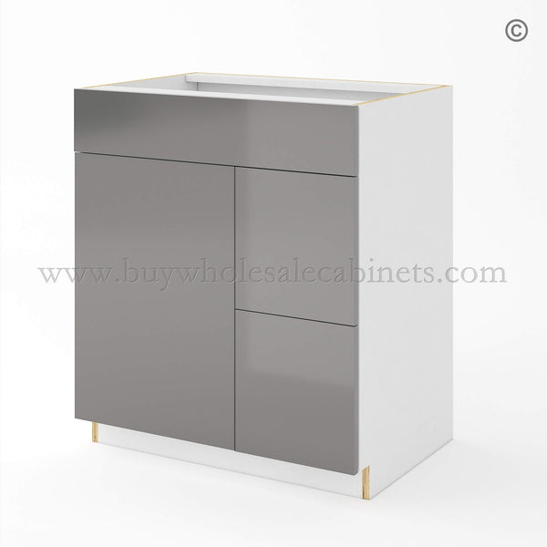 Frameless Gloss Gray Double Drawer Single Dummy Drawer Vanity Combo Base Cabinet 30″W