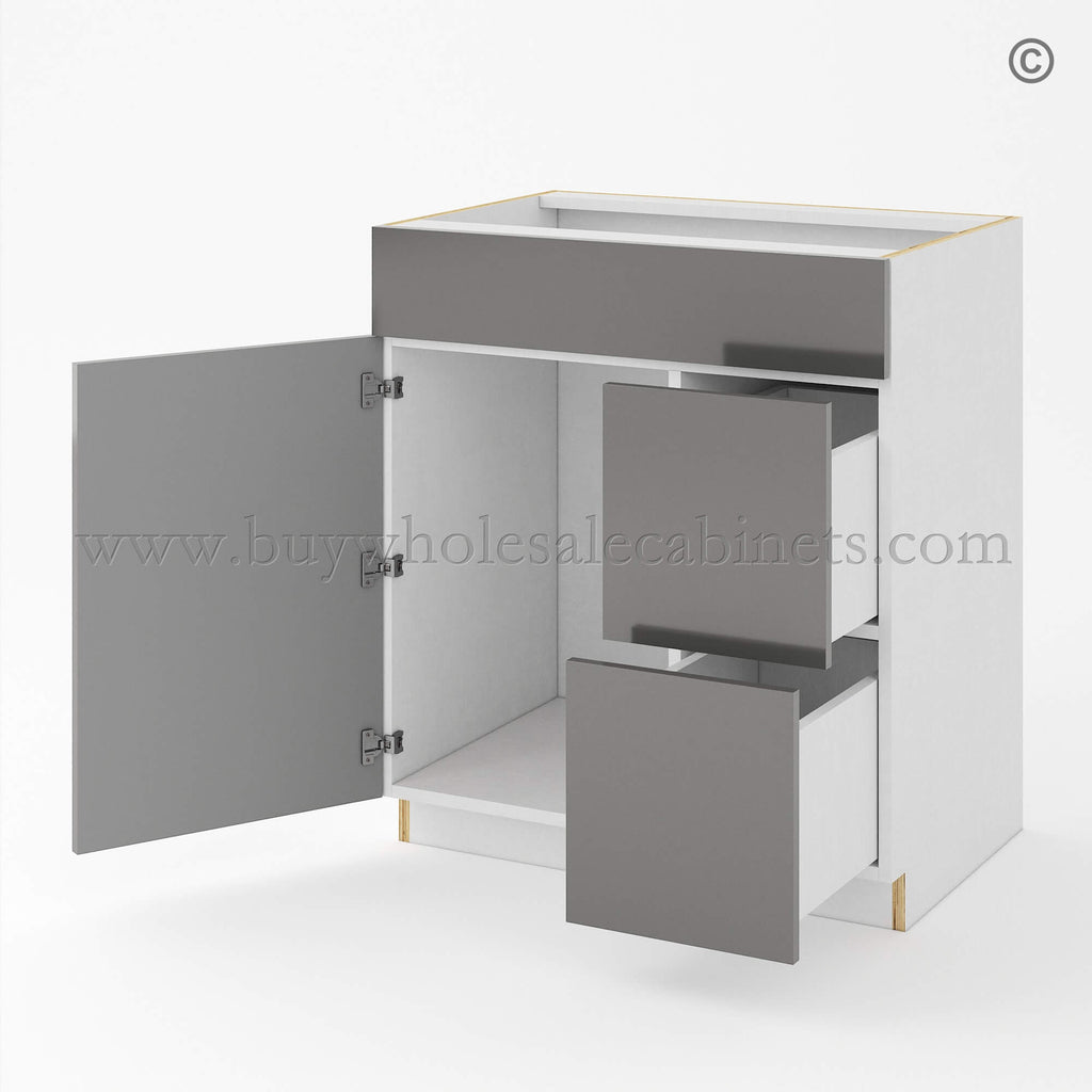 Frameless Gloss Gray Double Drawer Single Dummy Drawer Vanity Combo Base Cabinet 30″W