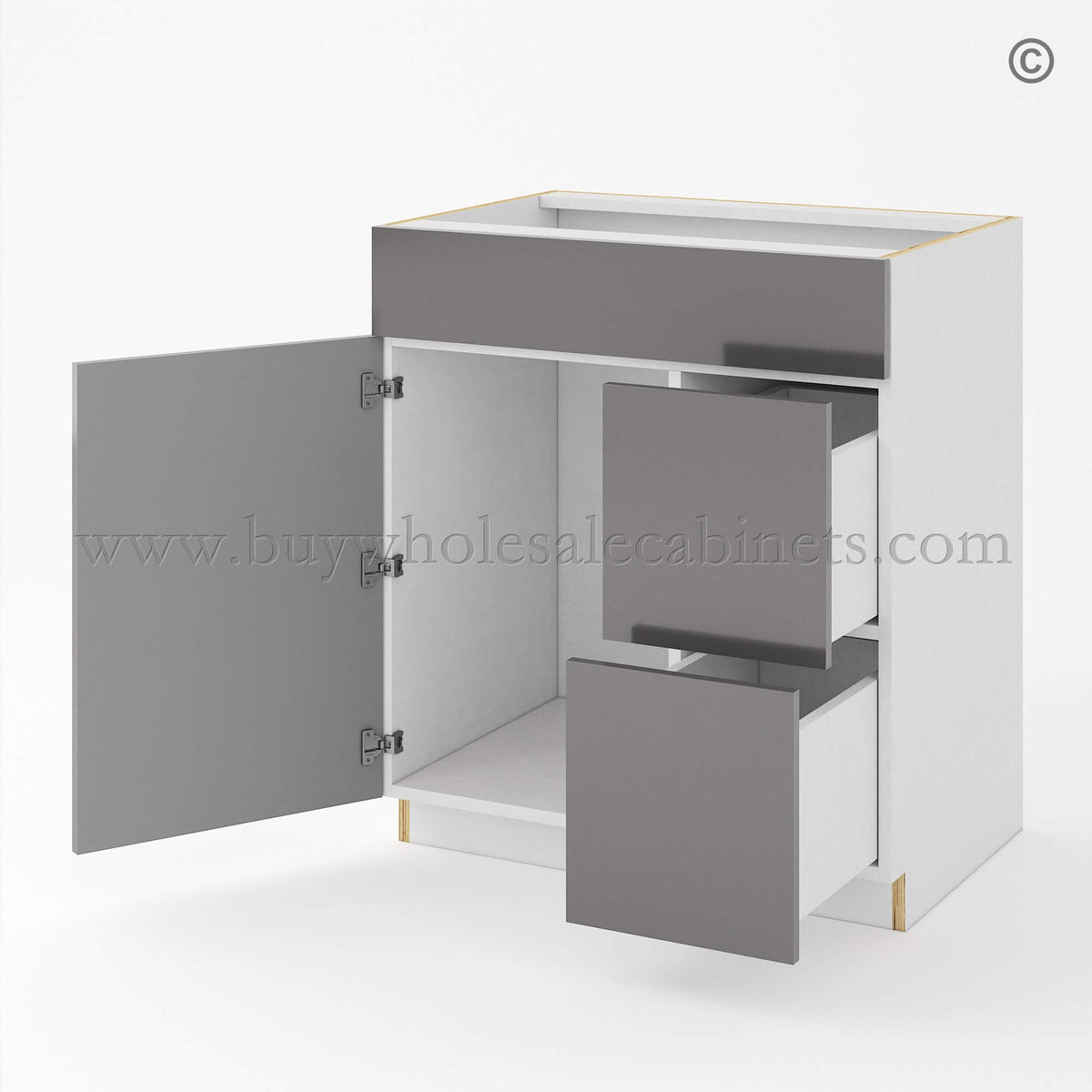 Frameless Gloss Gray Double Drawer Single Dummy Drawer Vanity Combo Base Cabinet 30″W