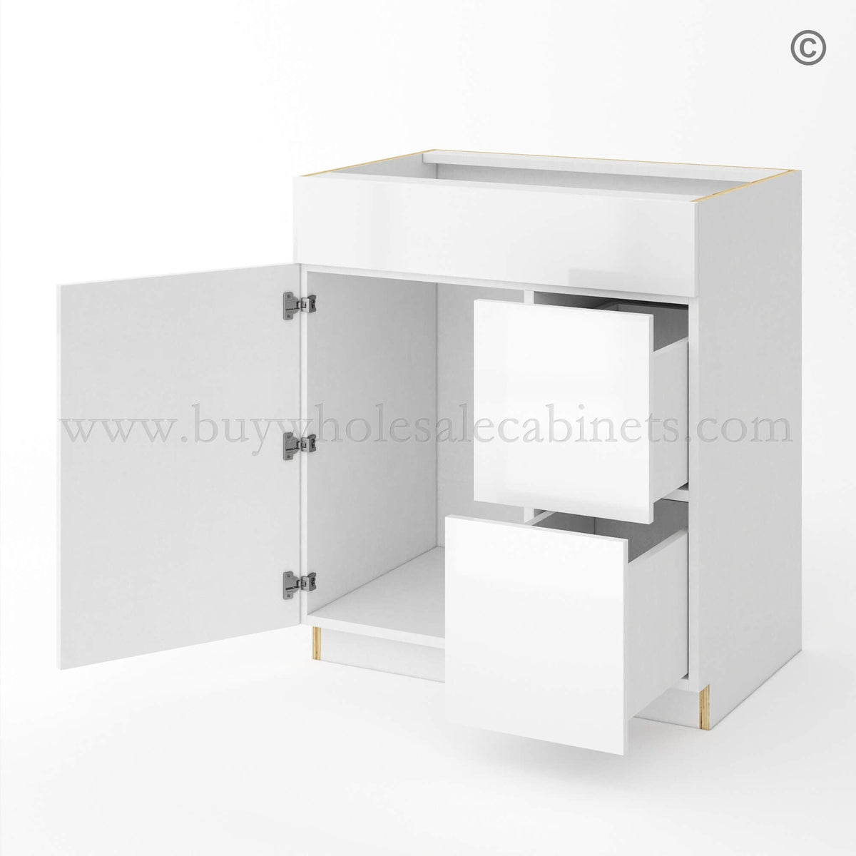 Frameless Gloss White Double Drawer Single Dummy Drawer Vanity Combo Base Cabinet 30″W