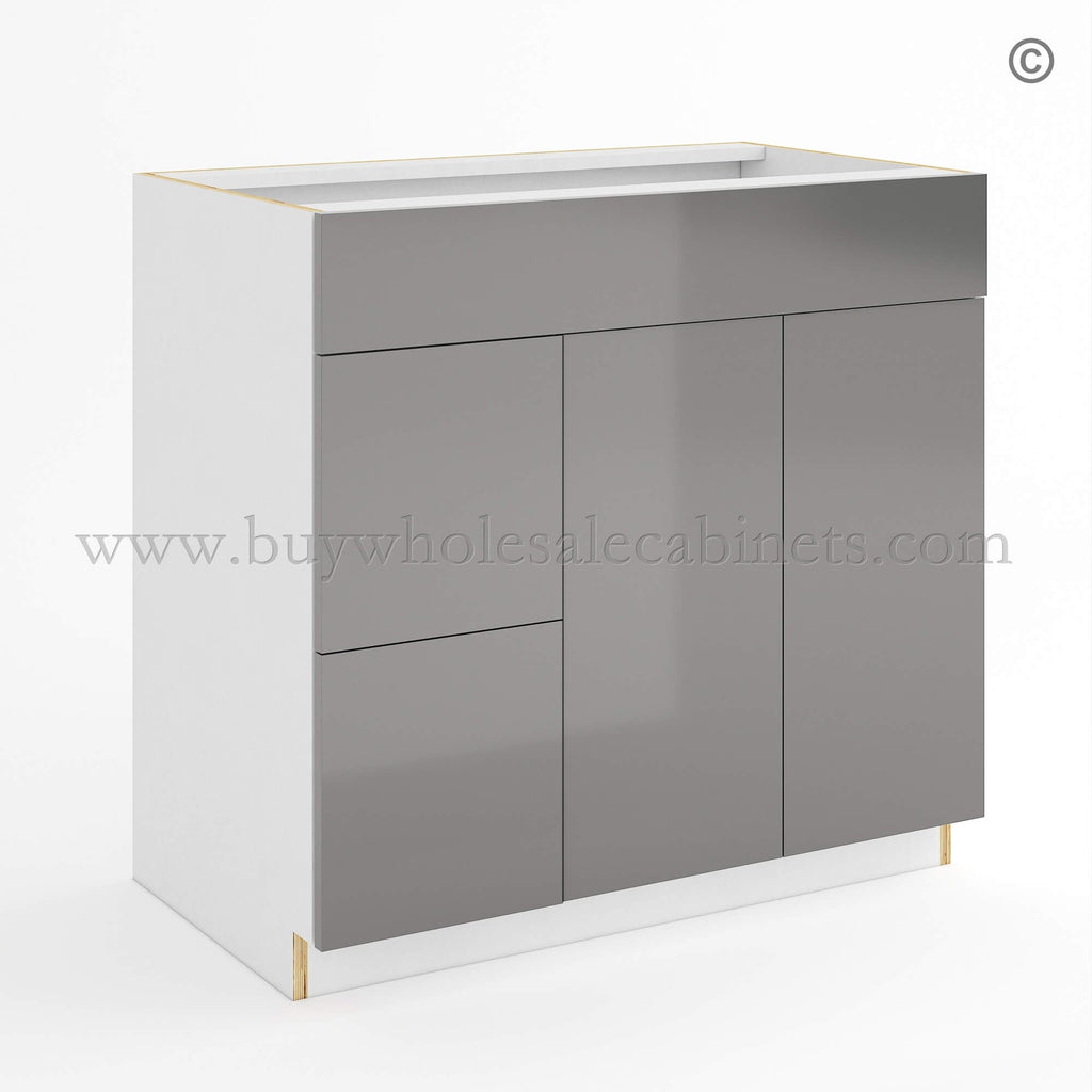 Frameless Gloss Gray Double Drawer Single Dummy Drawer Vanity Combo Base Cabinet 36″W