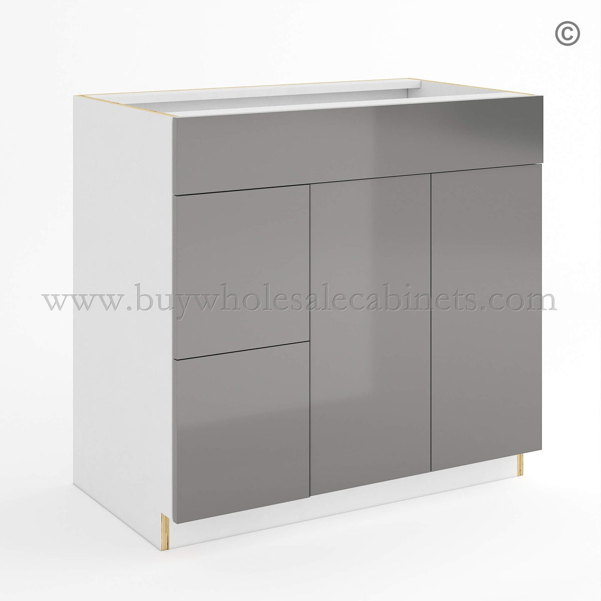 Frameless Gloss Gray Double Drawer Single Dummy Drawer Vanity Combo Base Cabinet 36″W