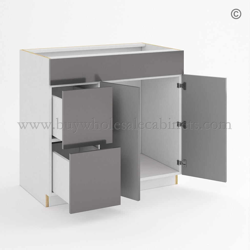 Frameless Gloss Gray Double Drawer Single Dummy Drawer Vanity Combo Base Cabinet 36″W