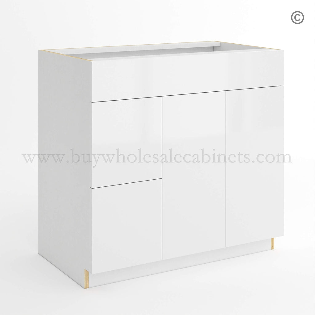 Frameless Gloss White Double Drawer Single Dummy Drawer Vanity Combo Base Cabinet 36″W