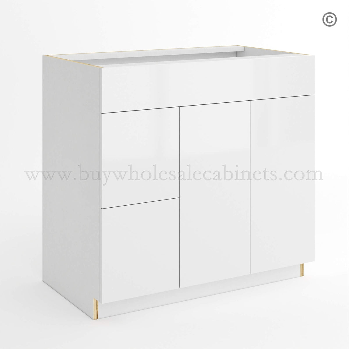 Frameless Gloss White Double Drawer Single Dummy Drawer Vanity Combo Base Cabinet 36″W