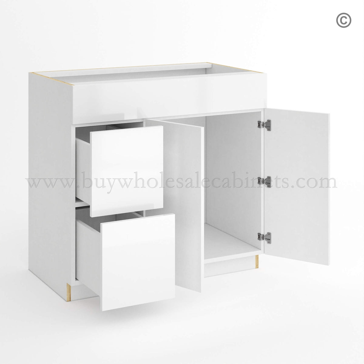Frameless Gloss White Double Drawer Single Dummy Drawer Vanity Combo Base Cabinet 36″W