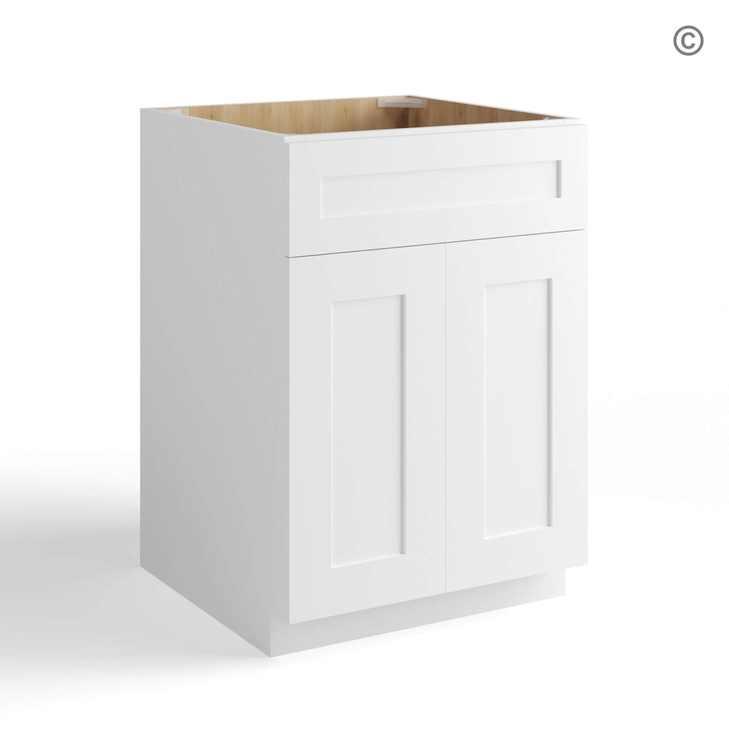 White Shaker Sink Base with Double Doors and False Drawer 27″