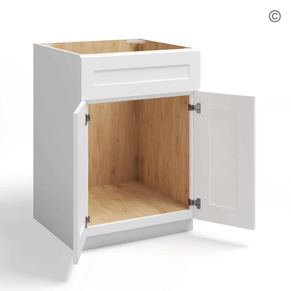 White Shaker Sink Base with Double Doors and False Drawer 27″
