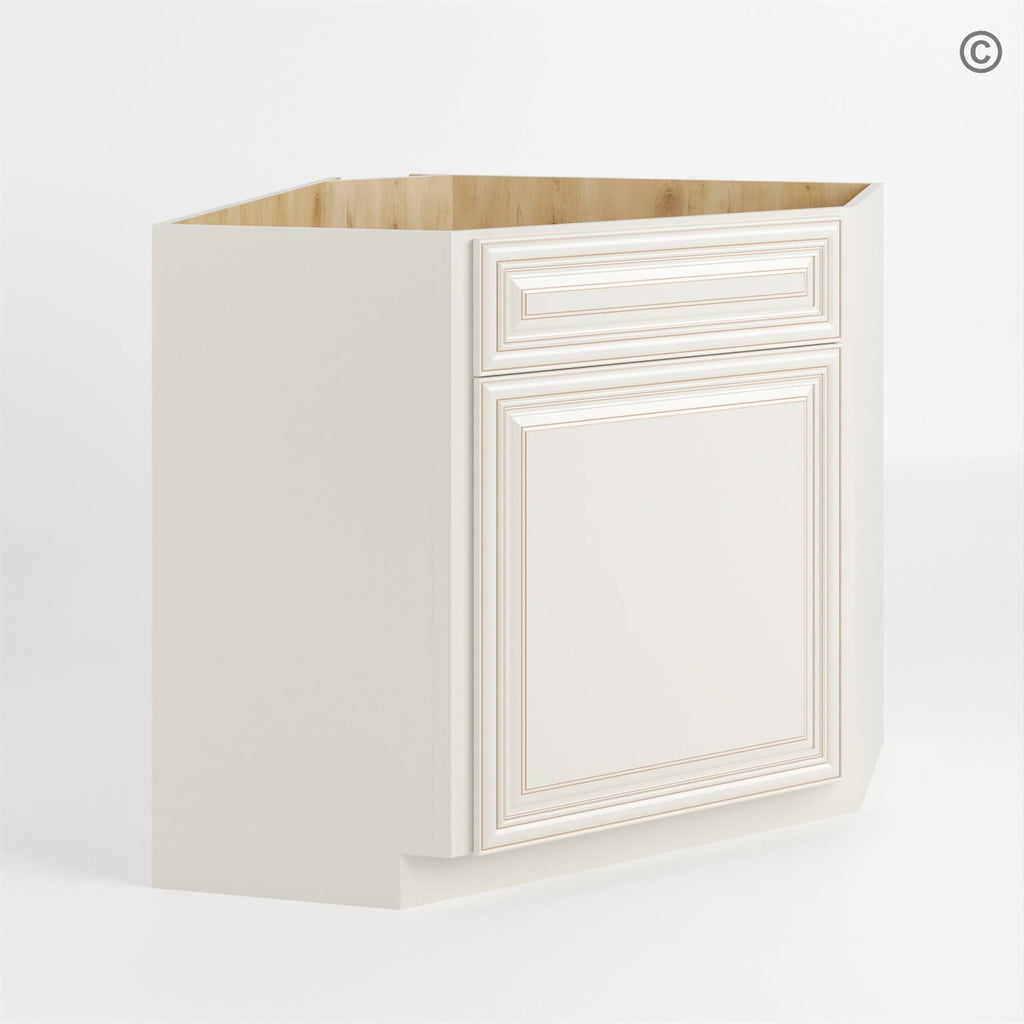 Charleston White Raised Panel Corner Sink Base Cabinet with False Drawer