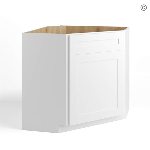 White Shaker Corner Sink Base Cabinet with False Drawer