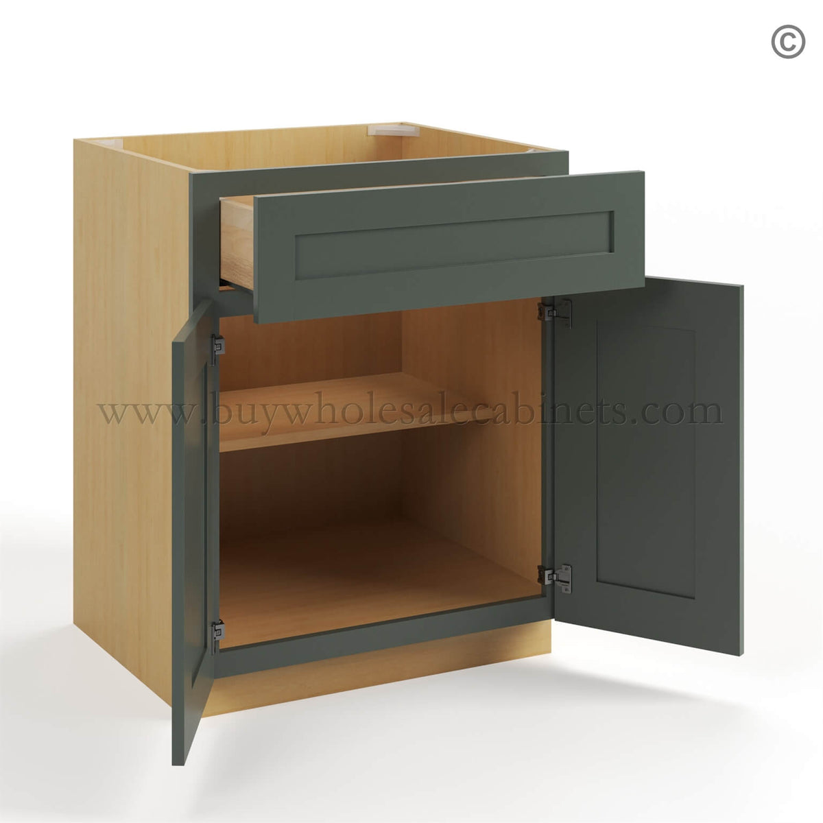 Green Shaker Base Cabinet with Double Doors & Single Drawer