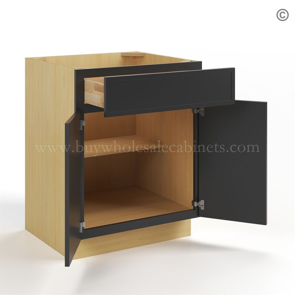 Slim Black Shaker Base Cabinet Double Door and Single Drawer