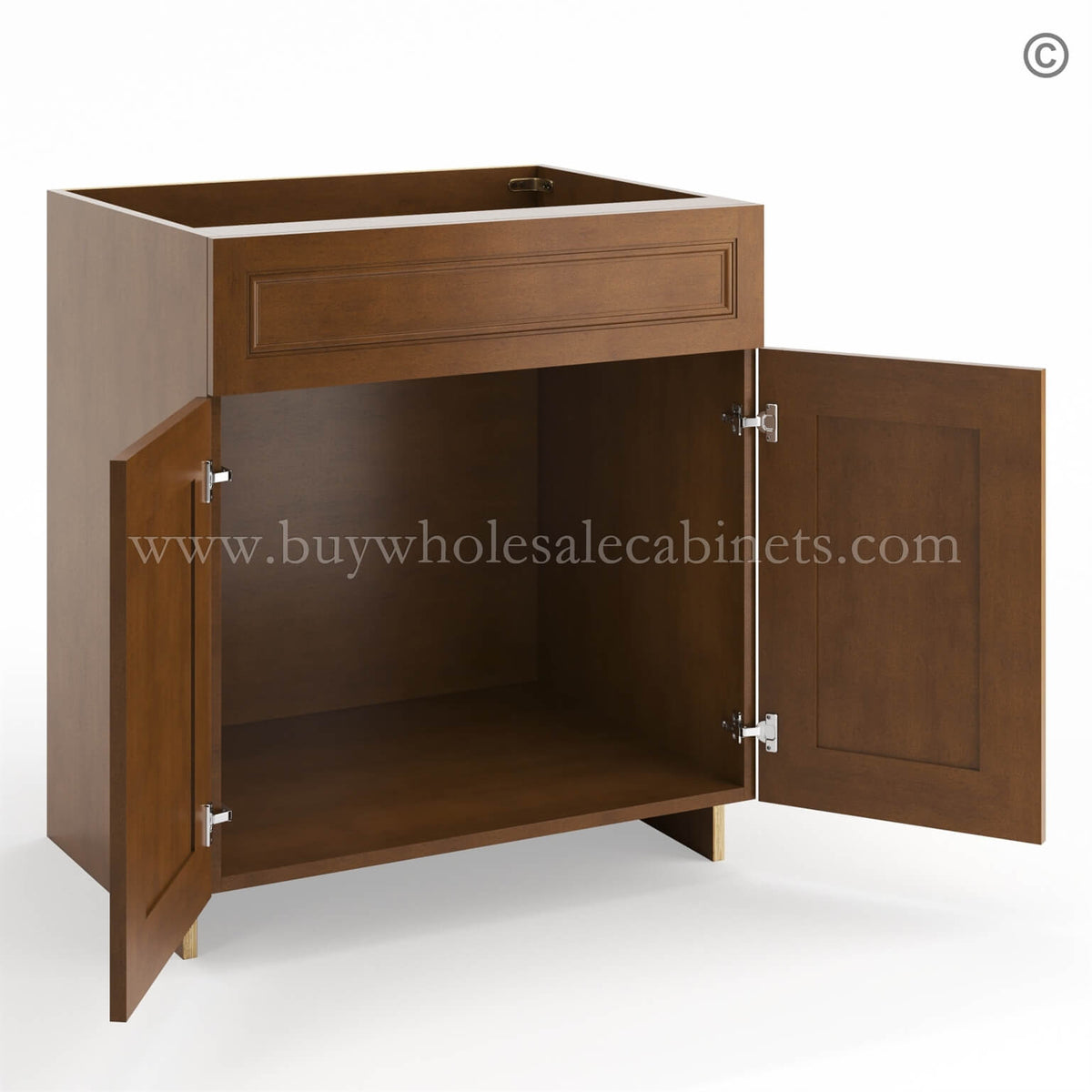 Frameless Classic Chestnut Sink Base Cabinet – 2 Doors & 1 False Drawer