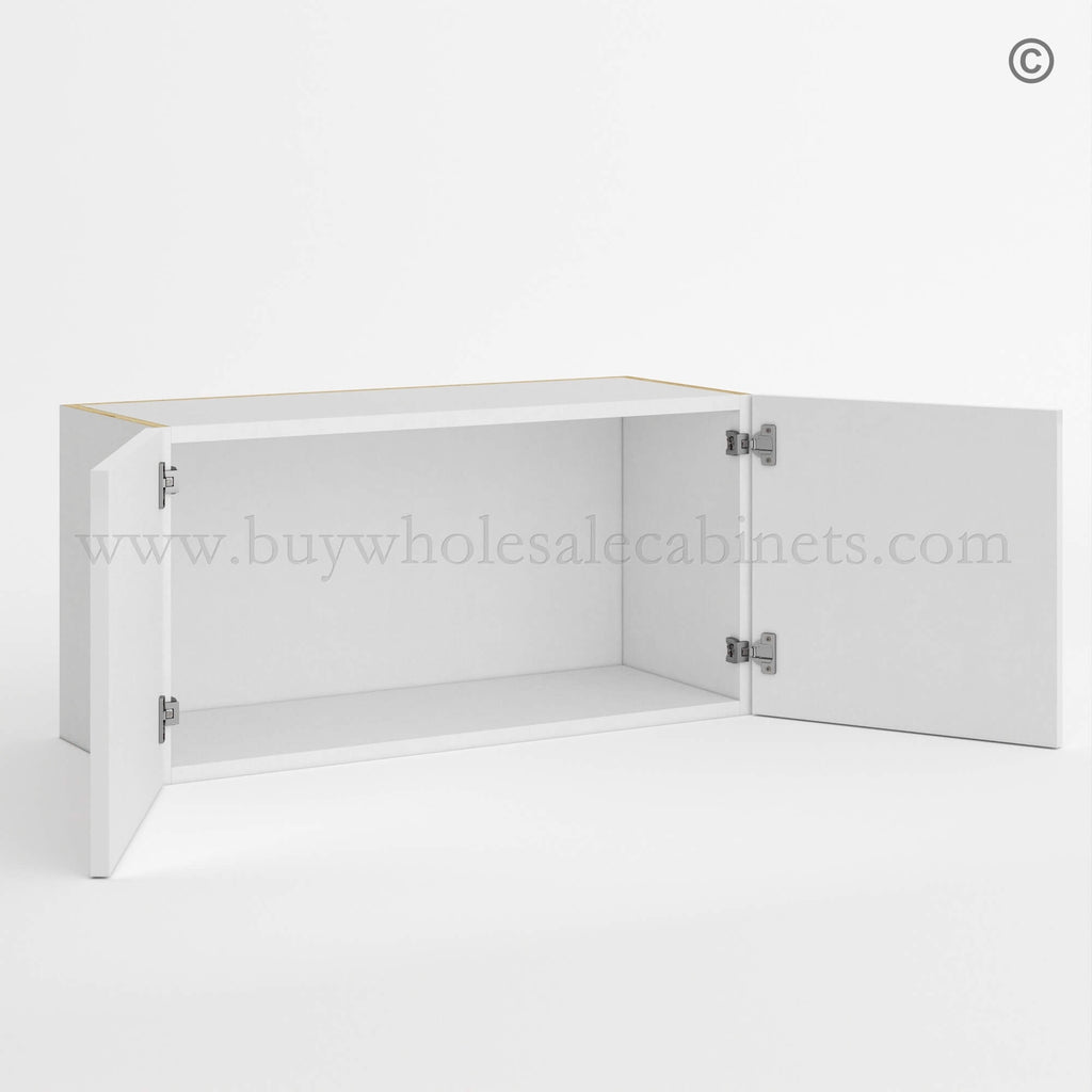 Frameless Gloss White Double Door Wall Microwave/Stove Bridge Cabinet 15″H