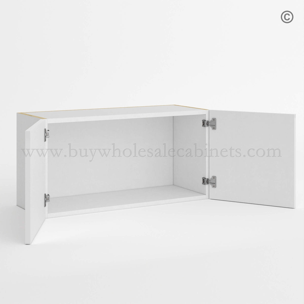 Frameless Gloss White Double Door Wall Microwave/Stove Bridge Cabinet 15″H