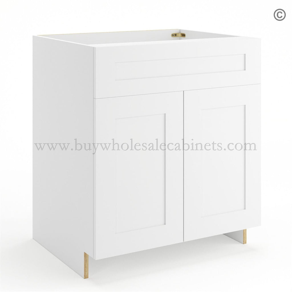 Frameless Modern White Shaker Sink Base Cabinet – 2 Doors & 1 False Drawer