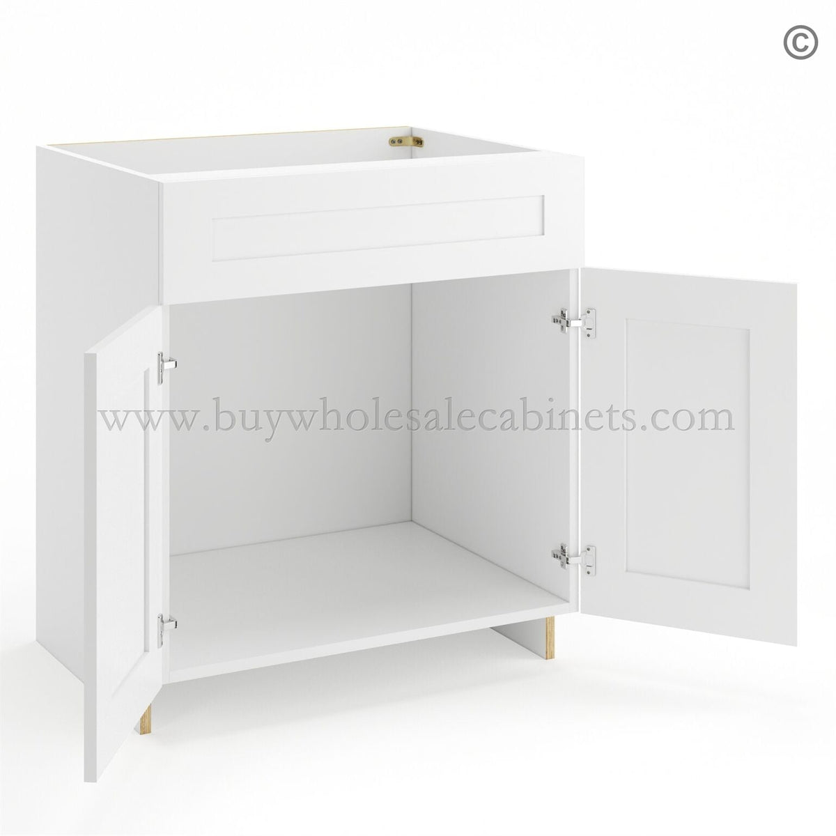 Frameless Modern White Shaker Sink Base Cabinet – 2 Doors & 1 False Drawer