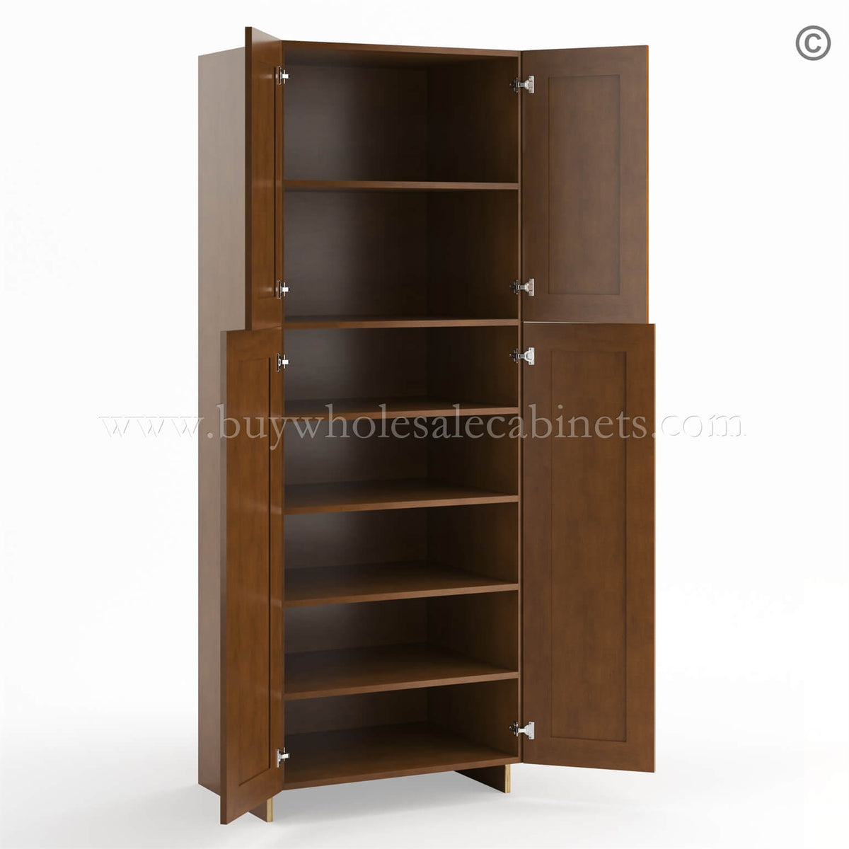 Frameless Classic Chestnut Pantry Cabinet – Double Doors 24″W