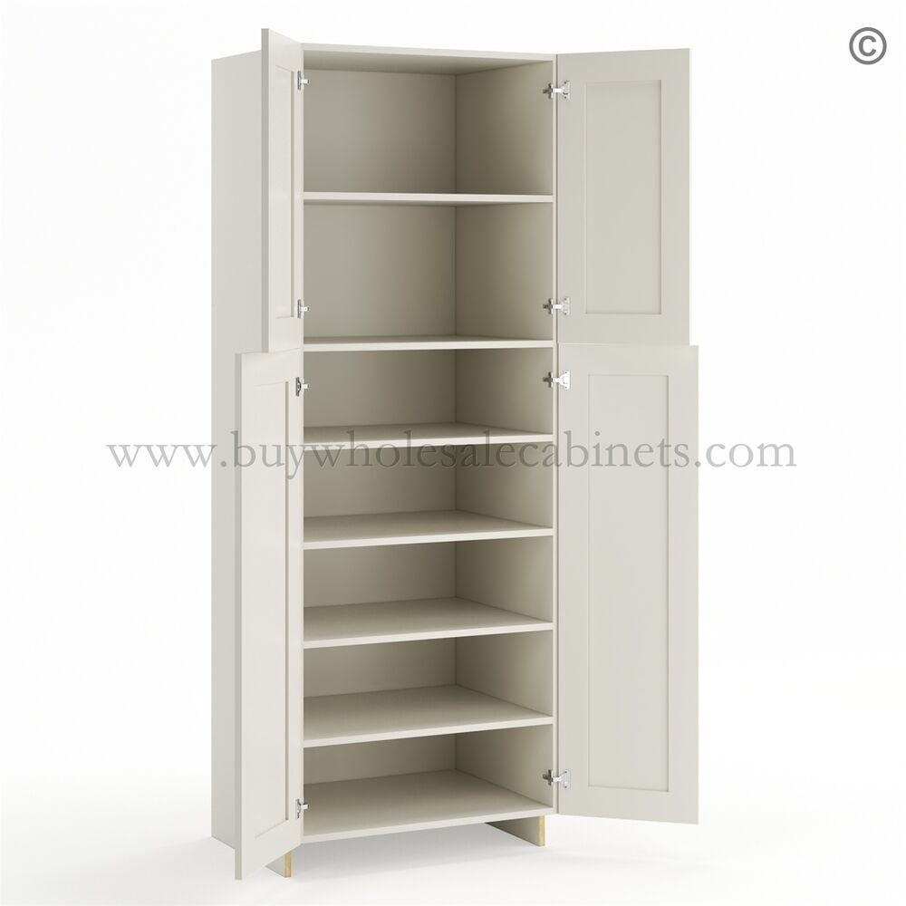 Frameless Pearl White Pantry Cabinet – Double Doors 30″W