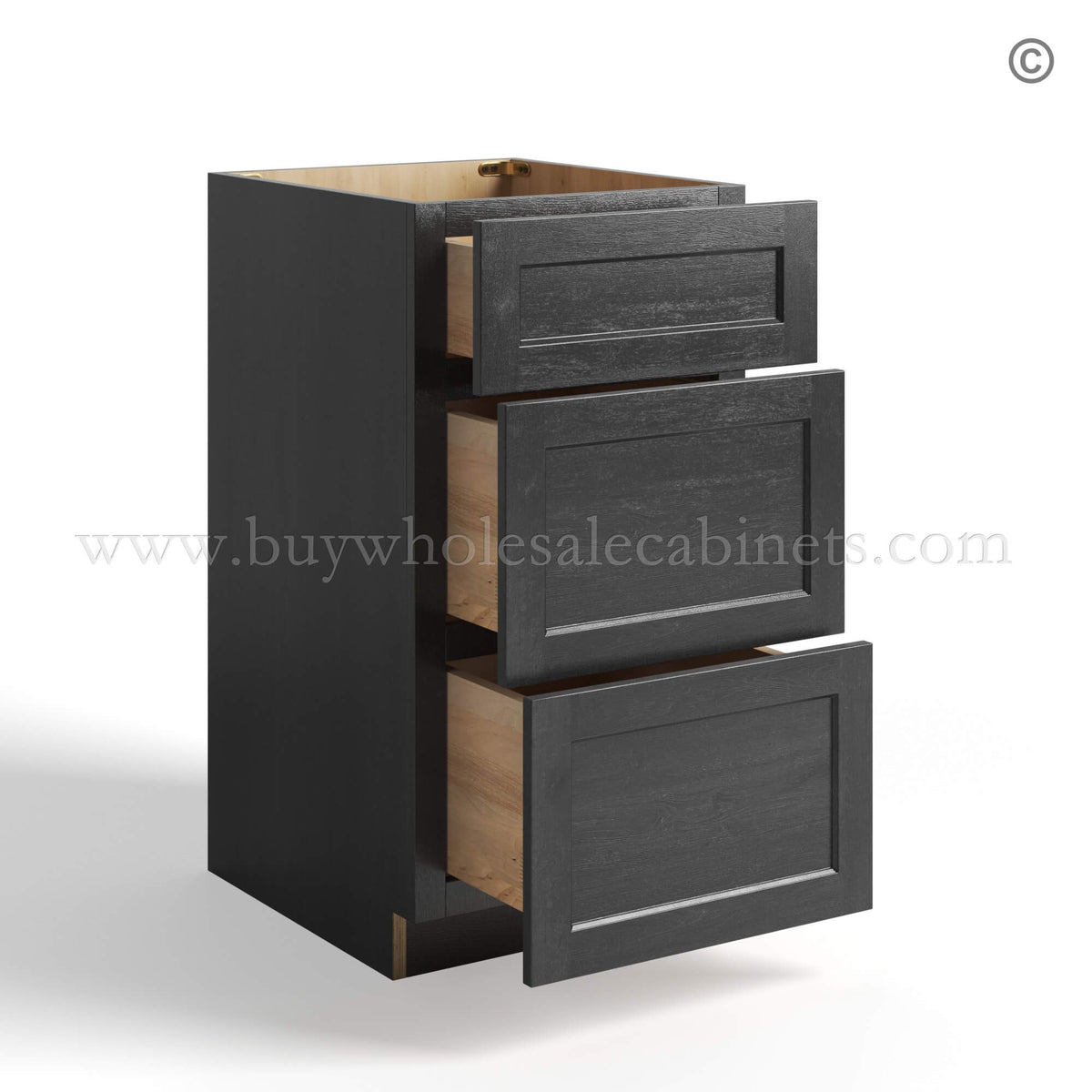 Charcoal Black Shaker Vanity Three Drawer Base Cabinet