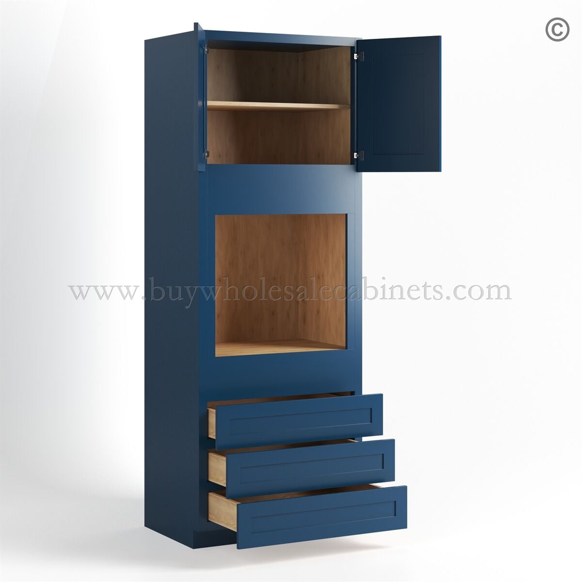 Navy Blue Shaker 30″ W Double Door Oven Pantry Cabinet with Three Drawers