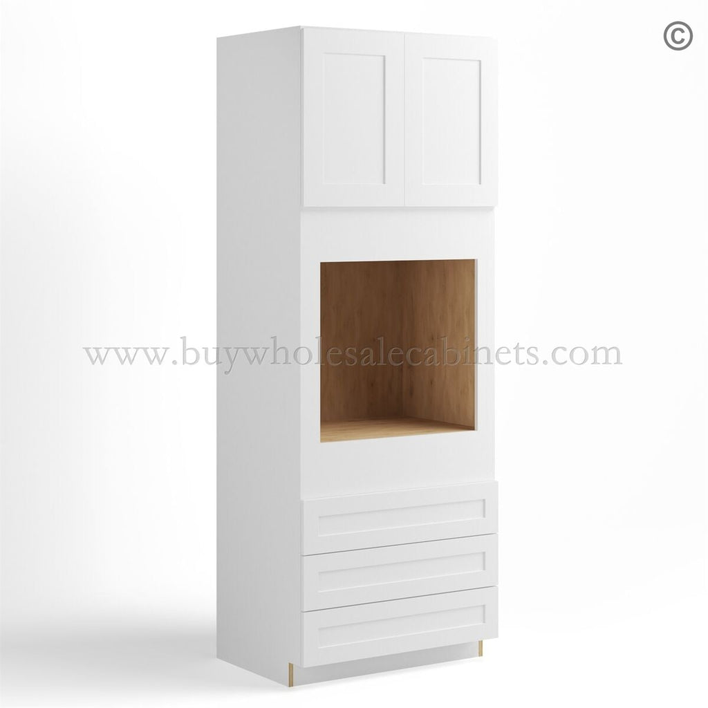 White Shaker 30″ W Double Door Oven Pantry Cabinet with Three Drawers