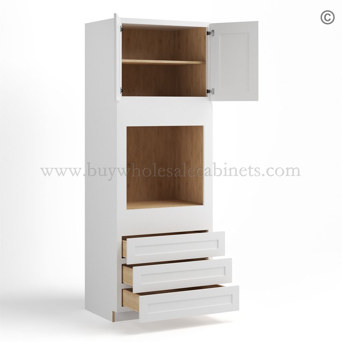 White Shaker 33″ W Double Door Oven Pantry Cabinet with Three Drawers