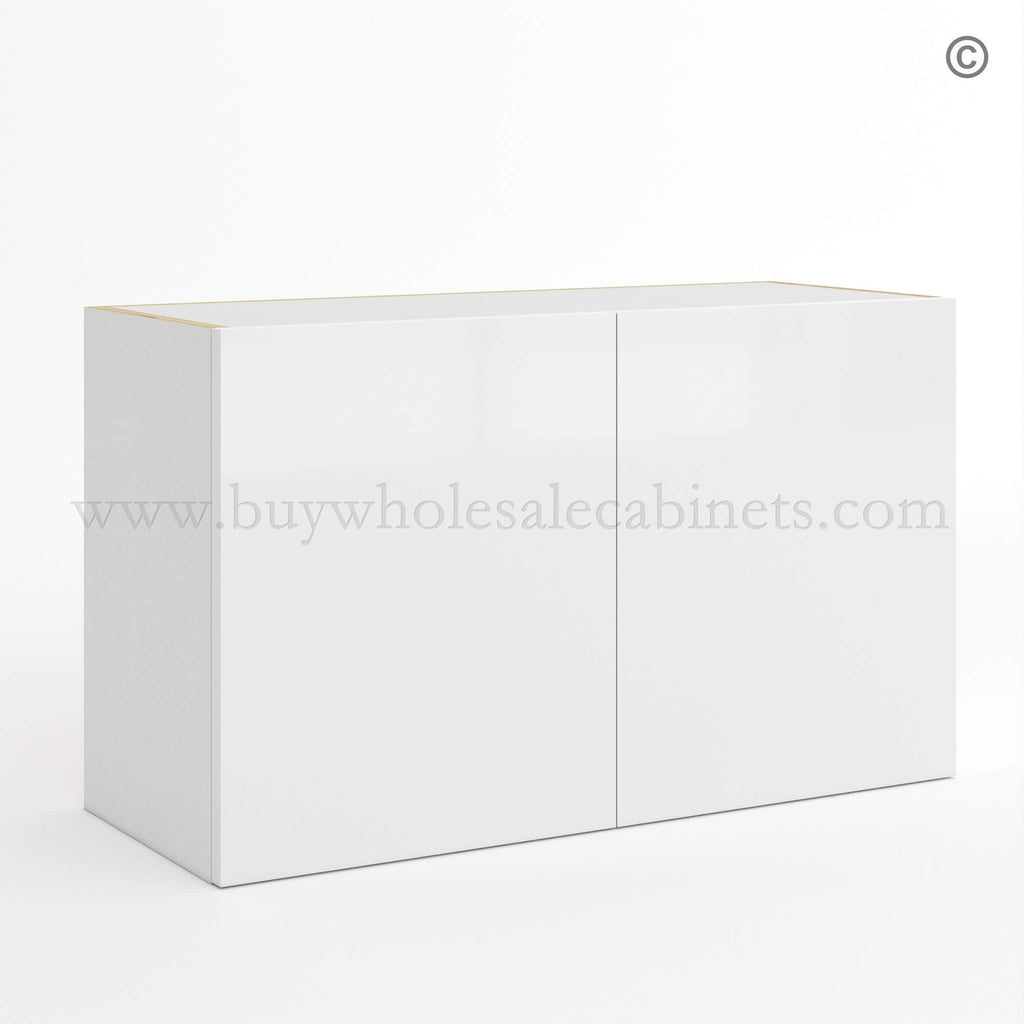 Frameless Gloss White Double Door Wall Microwave/Stove Bridge Cabinet 18″H