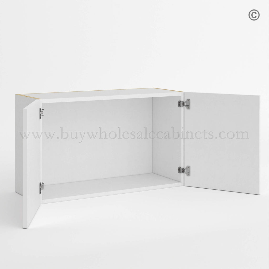 Frameless Gloss White Double Door Wall Microwave/Stove Bridge Cabinet 18″H