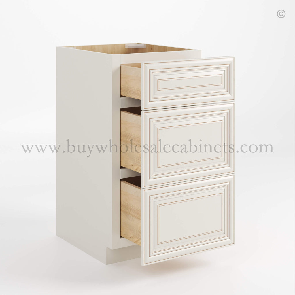 Charleston White Raised Panel Vanity Three Drawer Base Cabinet