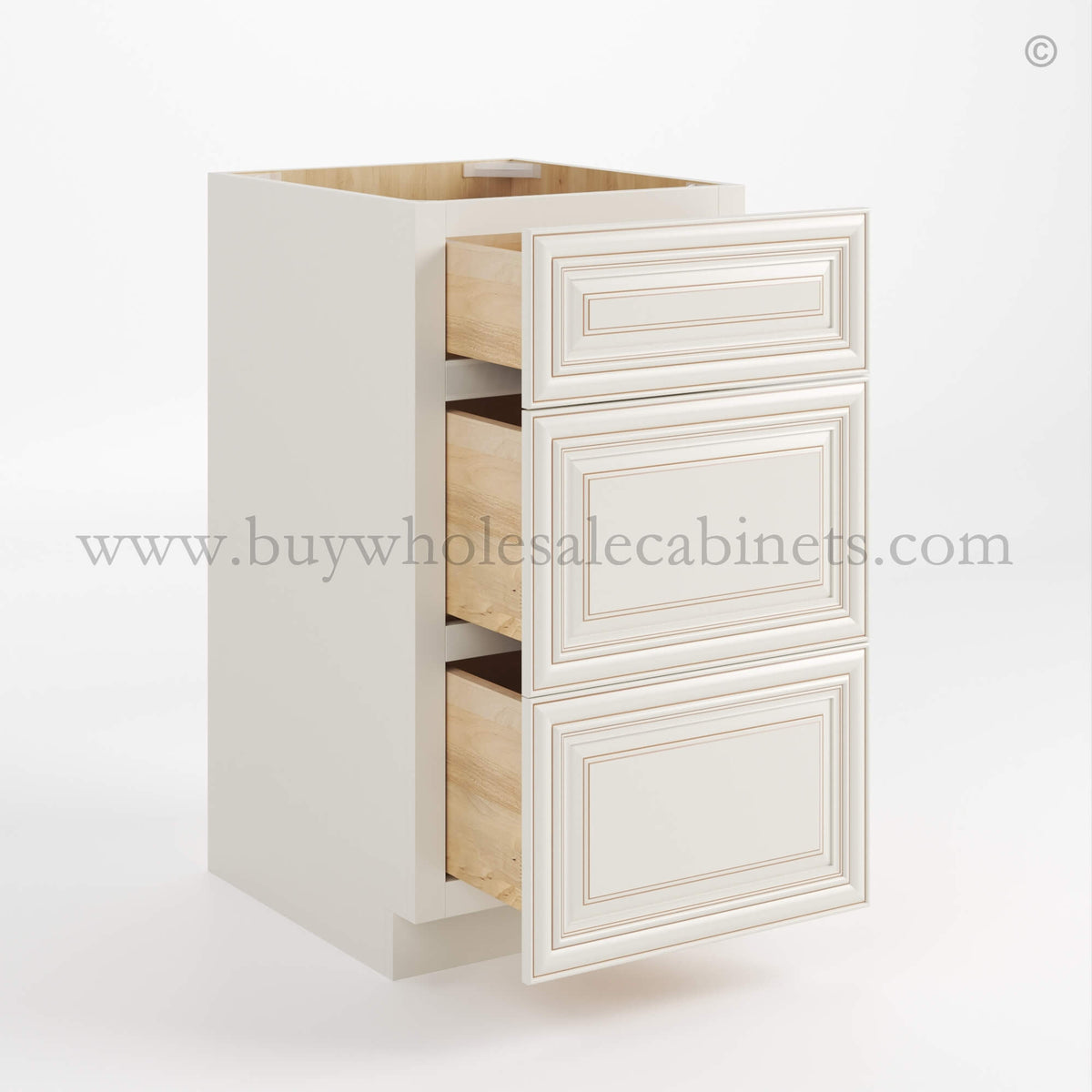 Charleston White Raised Panel Vanity Three Drawer Base Cabinet