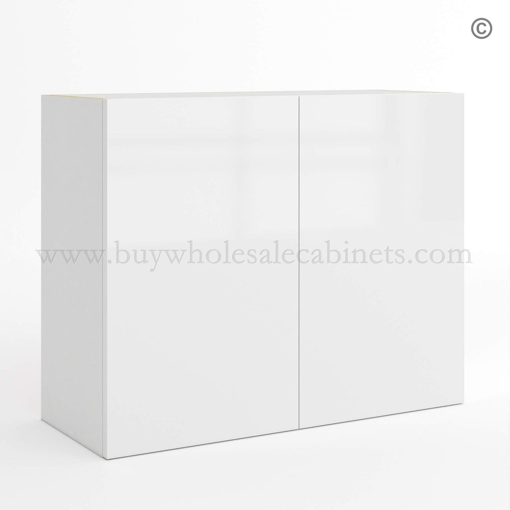 Frameless Gloss White Double Door Wall Microwave/Stove Bridge Cabinet 24″H