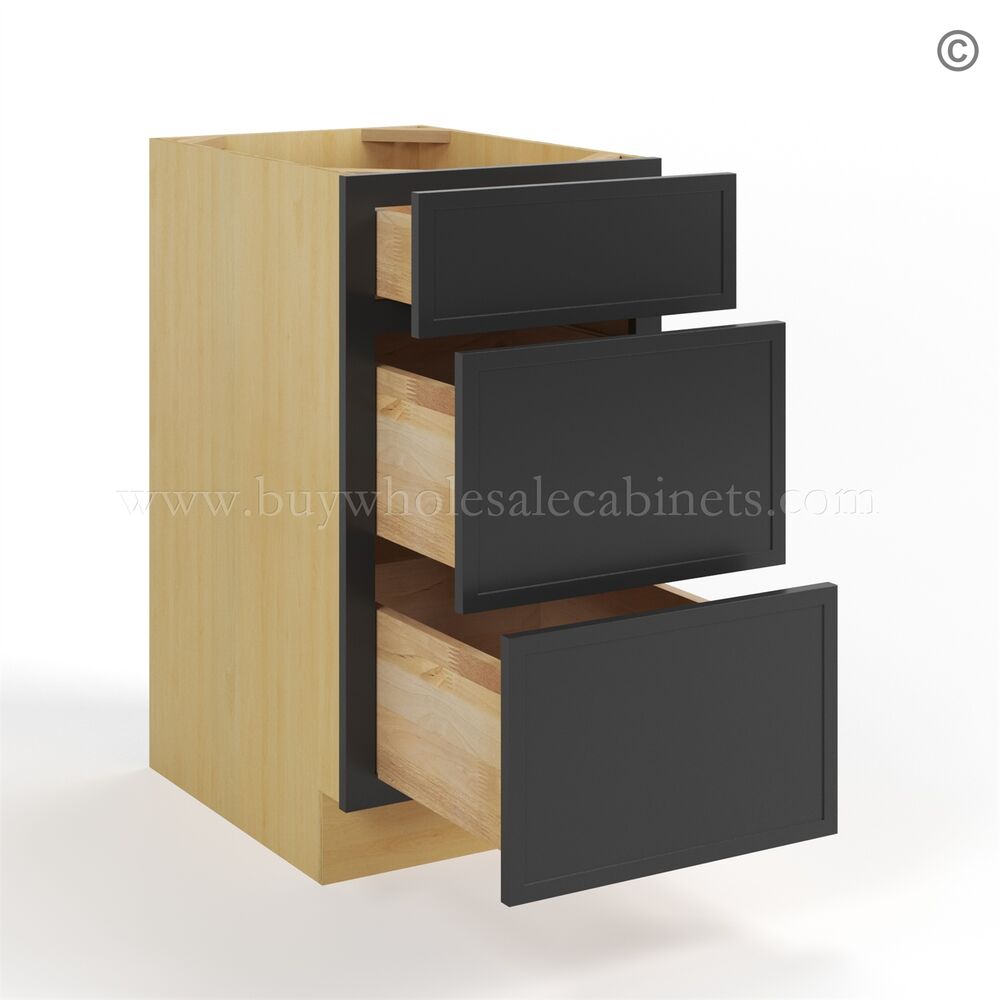 Slim Black Shaker Vanity Three Drawer Base Cabinet