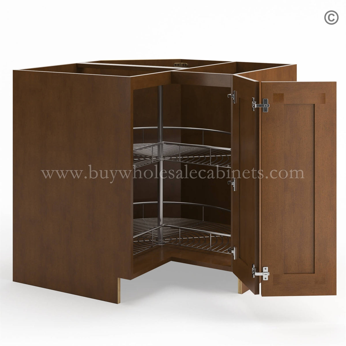 Frameless Classic Chestnut Base Cabinet With Metal Lazy Susan, Folding Doors