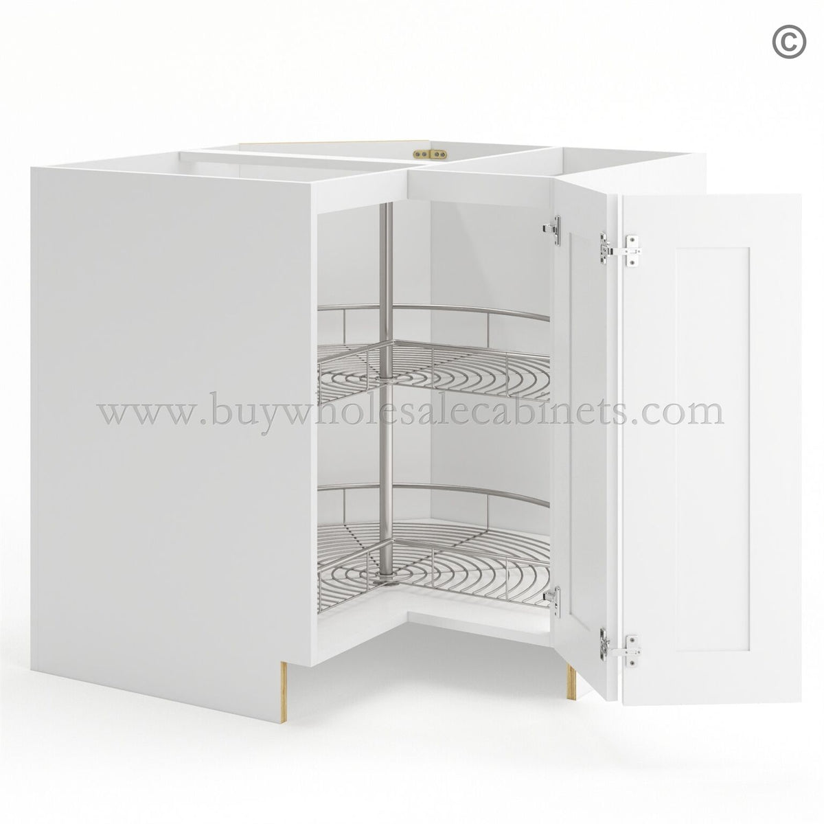 Frameless Modern White Shaker Base Cabinet With Metal Lazy Susan, Folding Doors