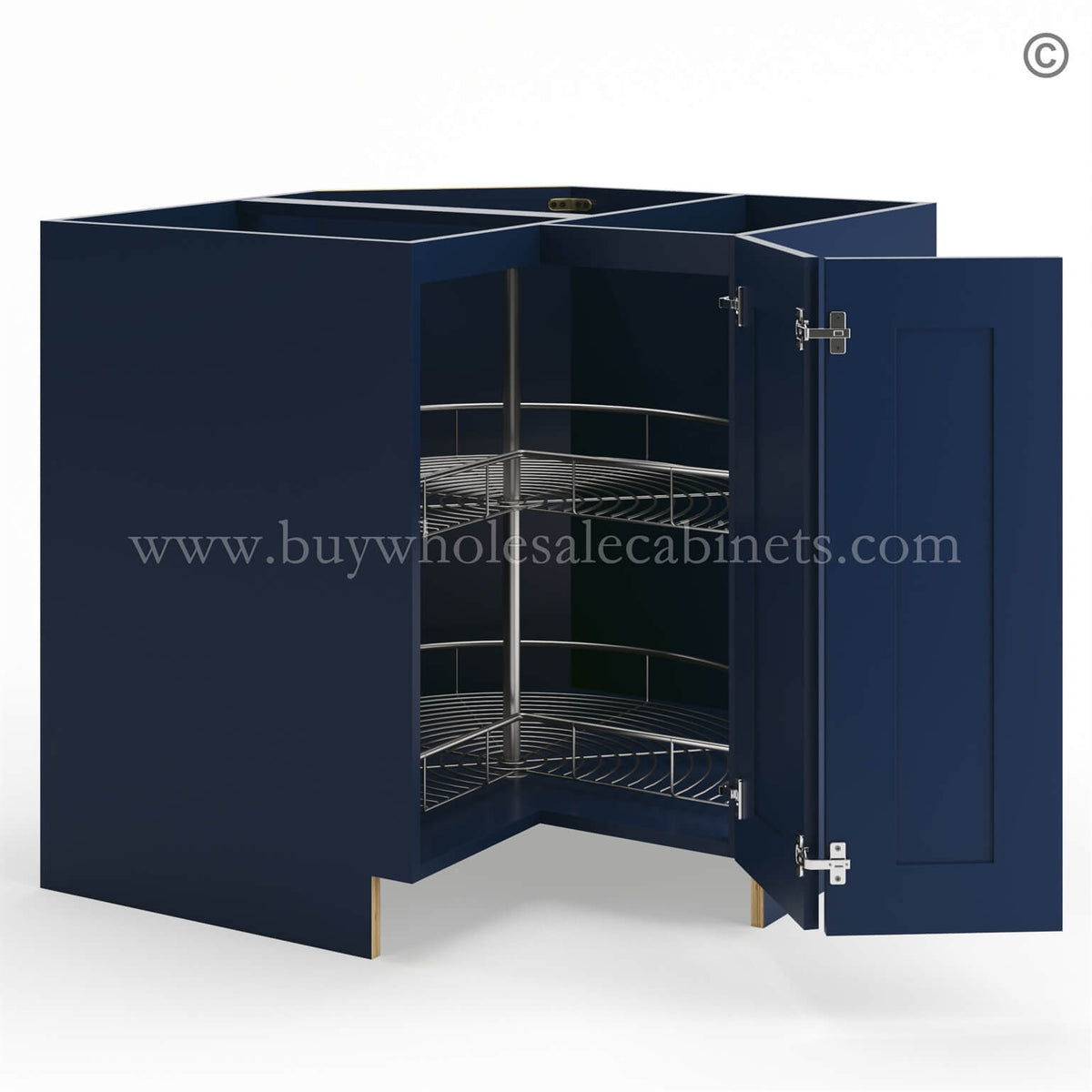 Frameless Oxford Blue Base Cabinet With Metal Lazy Susan, Folding Doors