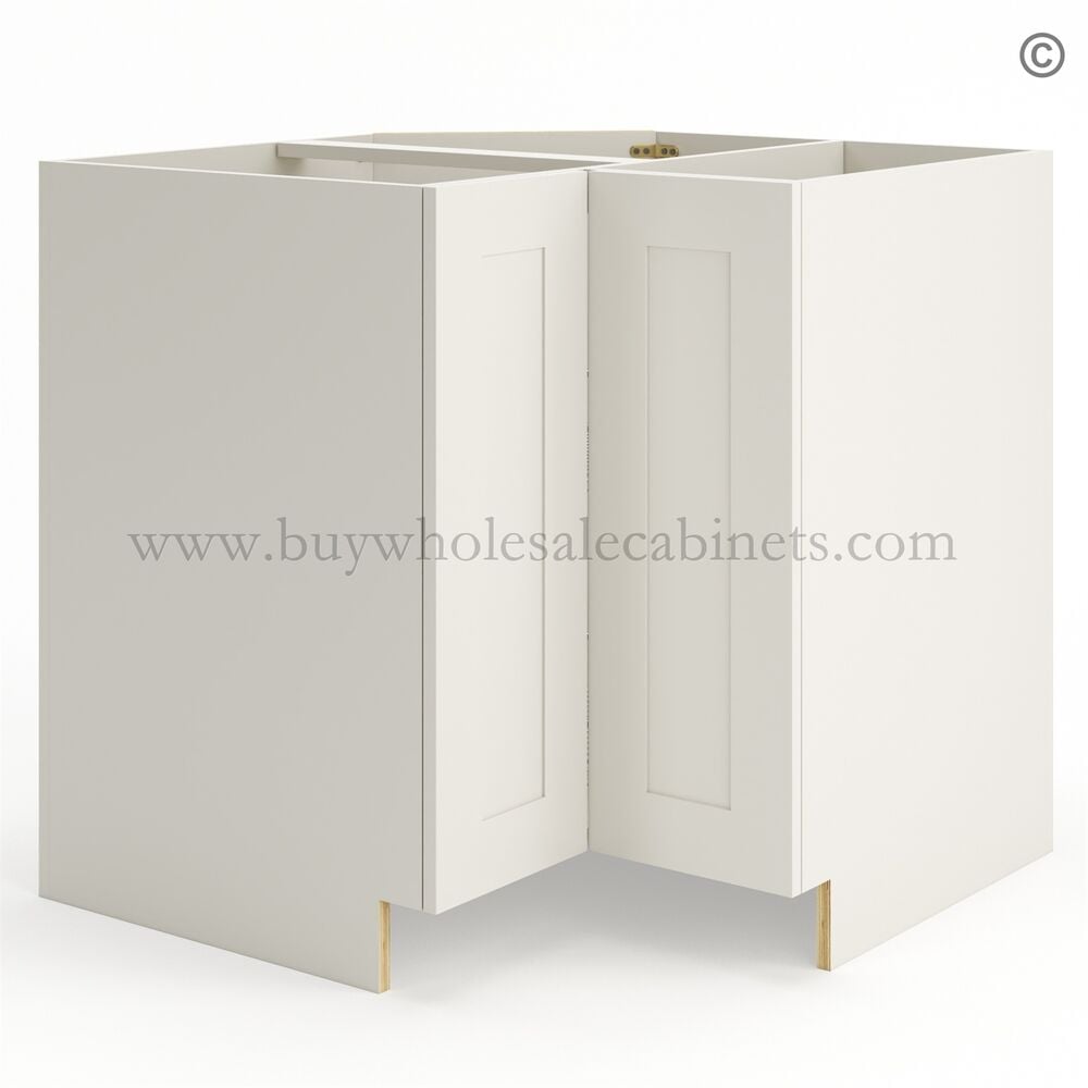 Frameless Pearl White Base Cabinet With Metal Lazy Susan, Folding Doors