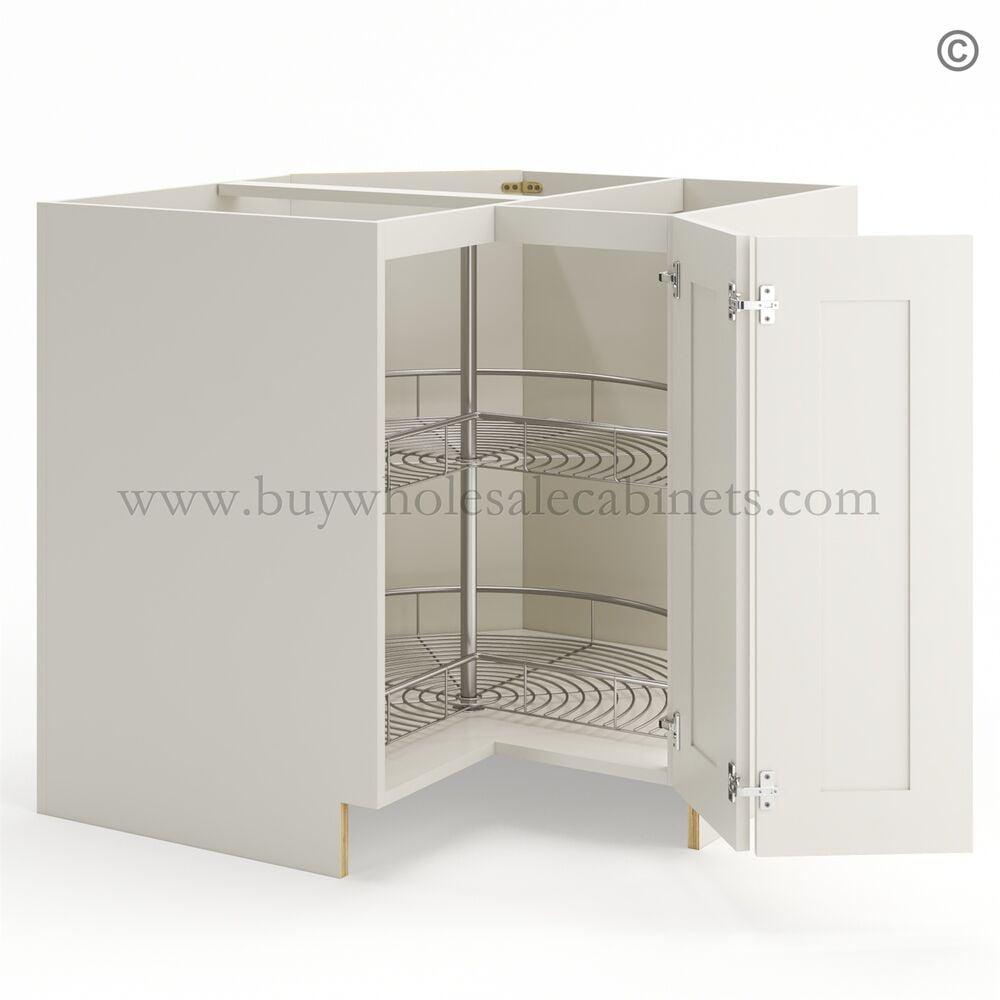 Frameless Pearl White Base Cabinet With Metal Lazy Susan, Folding Doors