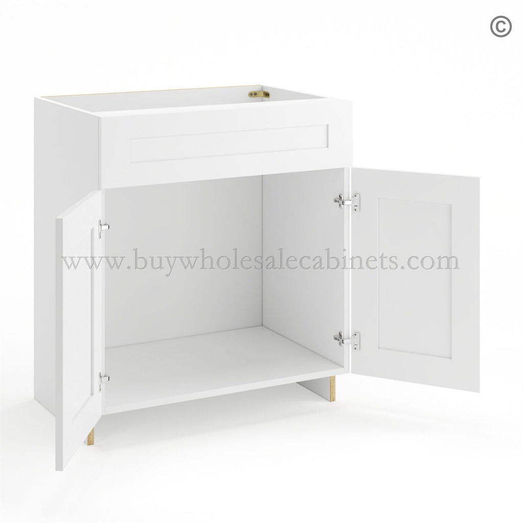 Frameless Modern White Shaker Vanity Sink Base Cabinet – 2 Doors And 1 False Drawer