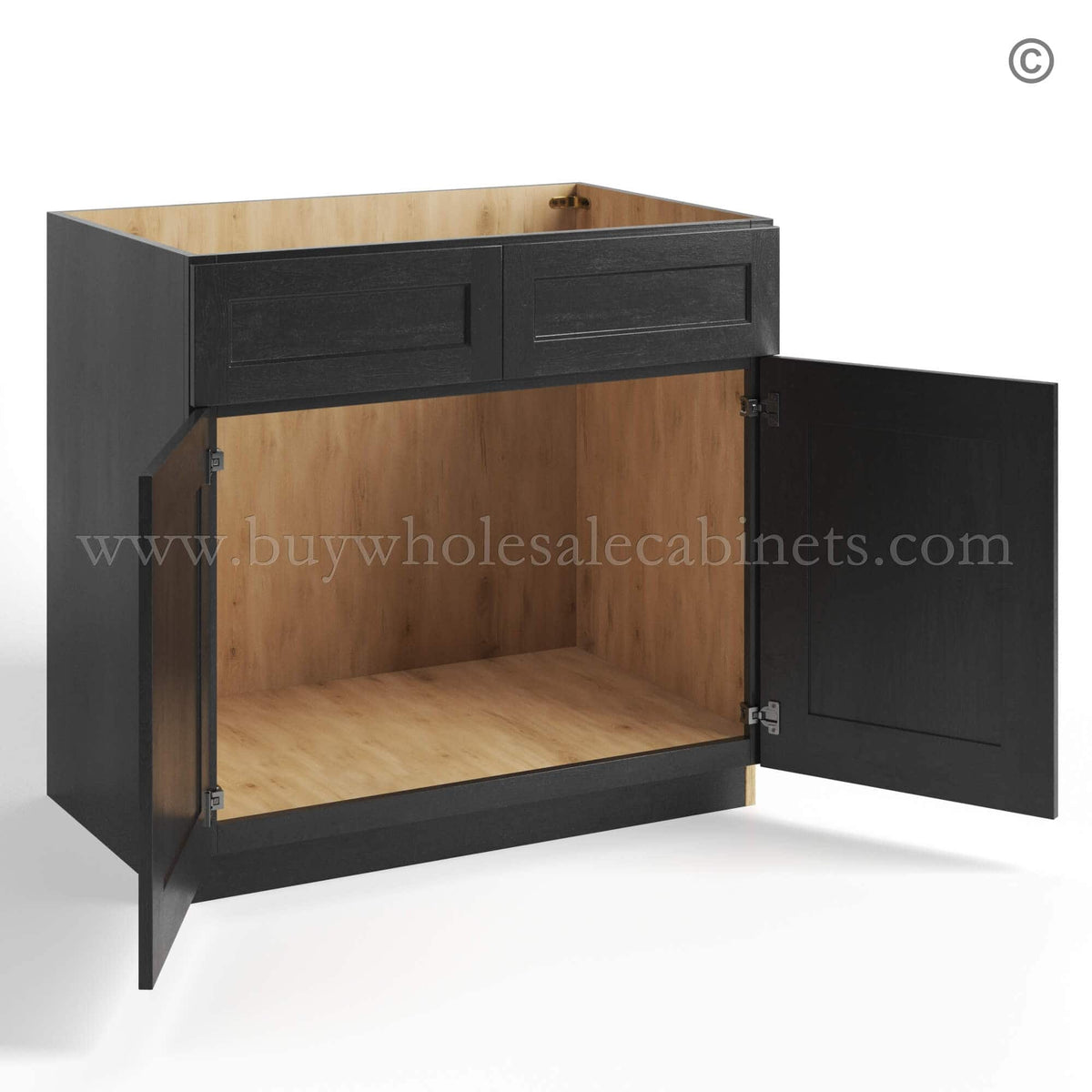 Charcoal Black Shaker Sink Base Double Door & Double False Drawer