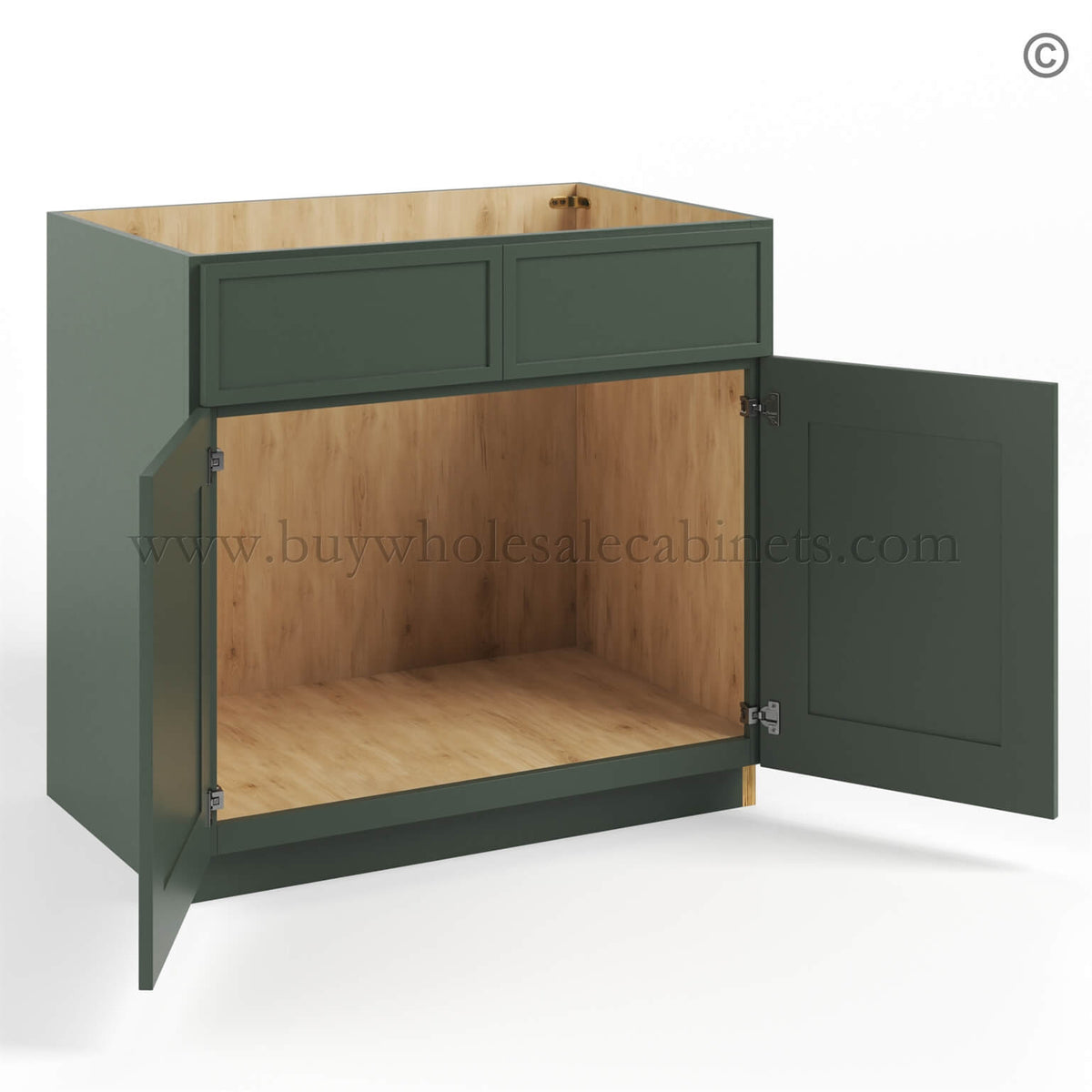 Slim Shaker Green Sink Base Double Door and Double False Drawer
