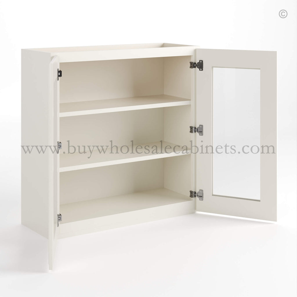 Charleston White Raised Panel 30″ H Double Door Wall Cabinet with Glass Door