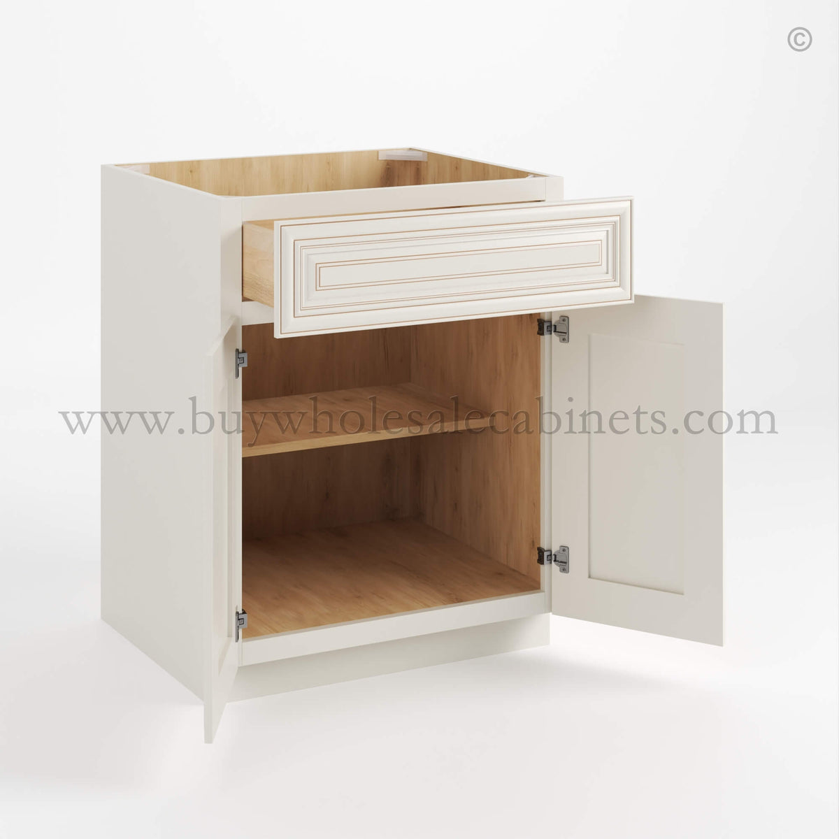 Charleston White Raised Panel Base Cabinet with Double Doors & Single Drawer