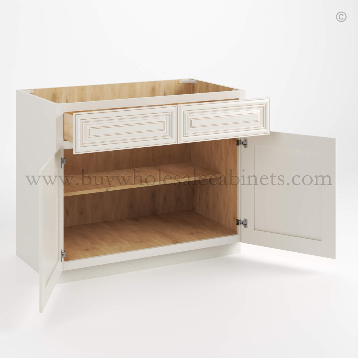 Charleston White Raised Panel Base Cabinet with Double Doors and Drawers