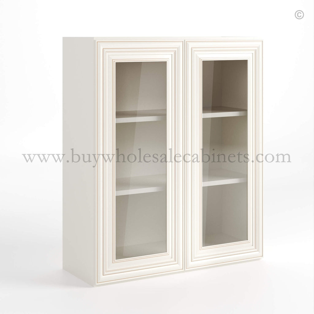 Charleston White Raised Panel 36″ H Double Door Wall Cabinet with Glass Doors